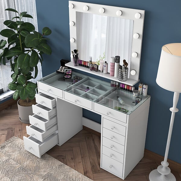 HABITAT ET JARDIN - Coiffeuse avec miroir en bois "Baria" - 120 x 44 x 80 cm - Blanc - large
