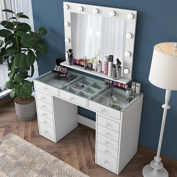 HABITAT ET JARDIN - Coiffeuse avec miroir en bois "Baria" - 120 x 44 x 80 cm - Blanc - large