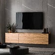 HABITAT ET JARDIN - Meuble TV suspendu en bois avec éclairage LED "Neon" - 160 x 32 x 35 cm - Marron clair - vignette