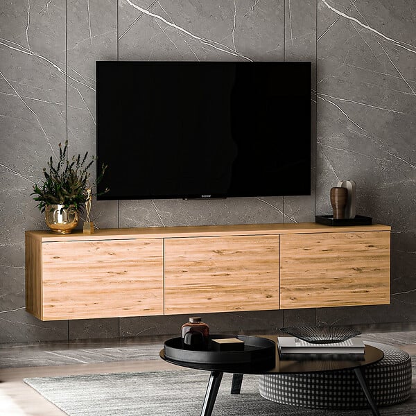 HABITAT ET JARDIN - Meuble TV suspendu en bois avec éclairage LED "Neon" - 160 x 32 x 35 cm - Marron clair - large