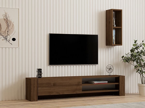HABITAT ET JARDIN - Meuble TV avec étagère murale en bois "Naz" - 160 x 26 x 33 cm - Marron - large