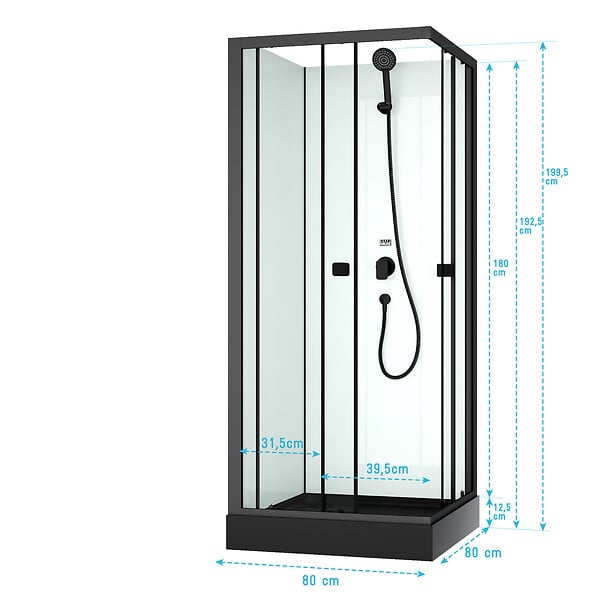 AURLANE - Cabine de douche intégrale 80x80x200 cm carrée - Portes coulissantes - Receveur Noir Mat - large