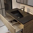 AURLANE - Meuble de salle de bains 80 cm 3 Tiroirs Chêne Naturel + Vasque Céramique Noire - TIMBER - vignette