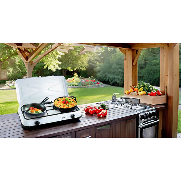 KEMPER - Plaque de cuisson Gaz 2 feux portable 2600W Blanc Couvercle amovible - Réchaud Camping Cuisine Exterieure KEMPER - large