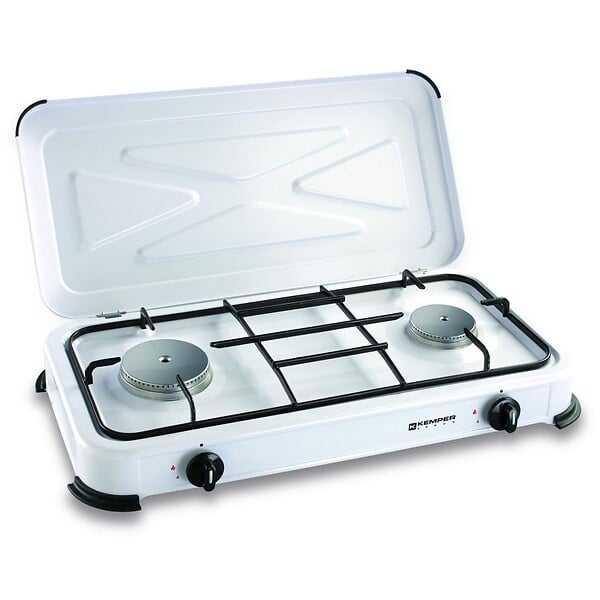 KEMPER - Plaque de cuisson Gaz 2 feux portable 2600W Blanc Couvercle amovible - Réchaud Camping Cuisine Exterieure KEMPER - large