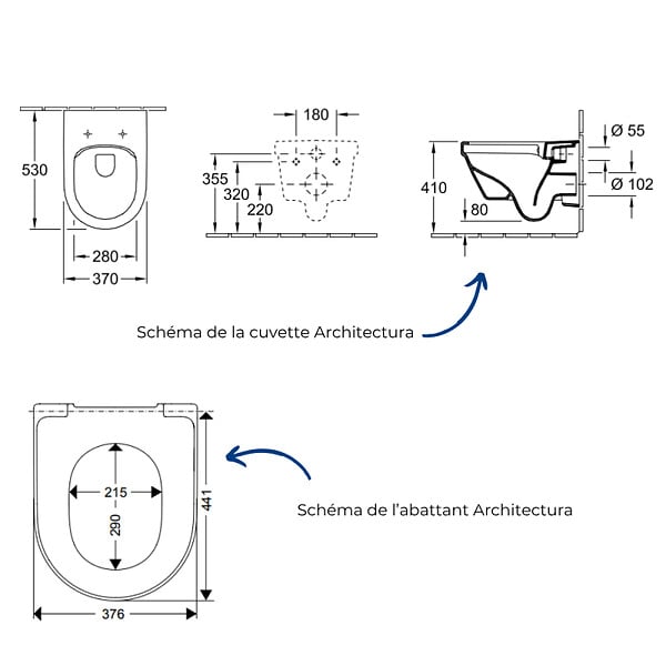 VILLEROY ET BOCH - Cuvette WC suspendu sans bride Architectura avec abattant - large