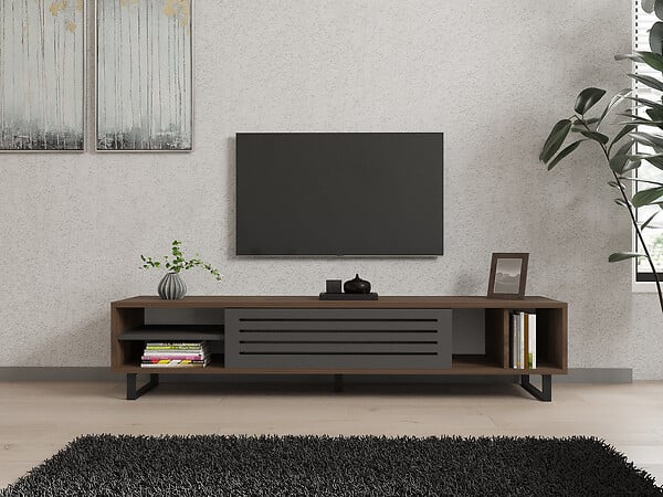 HABITAT ET JARDIN - Meuble TV en bois "Eray" - 160 x 40 x 35 cm - Noyer, Anthracite - large