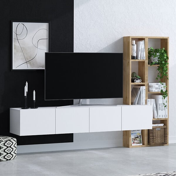 HABITAT ET JARDIN - Meuble TV en bois "Pana" - 182 x 32 x 25 cm - Blanc, Chêne - large