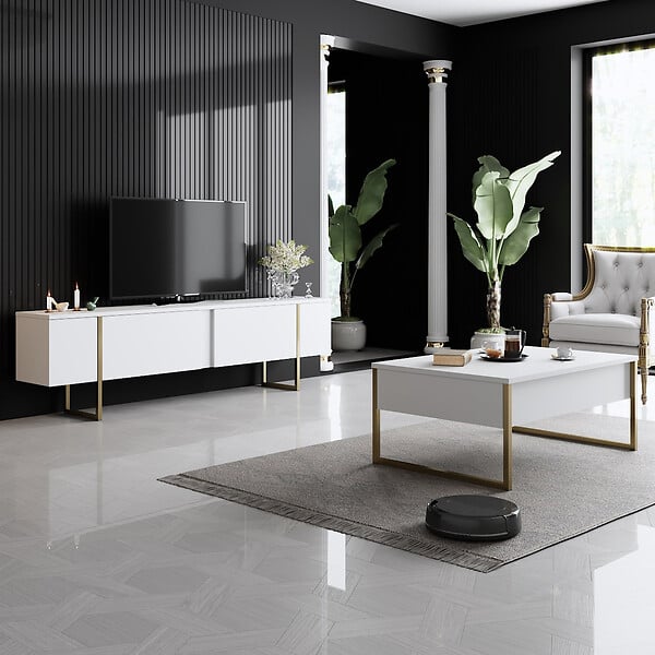 HABITAT ET JARDIN - Meuble TV en bois "Luxe" - 180 x 30 x 50 cm - Or blanc - large