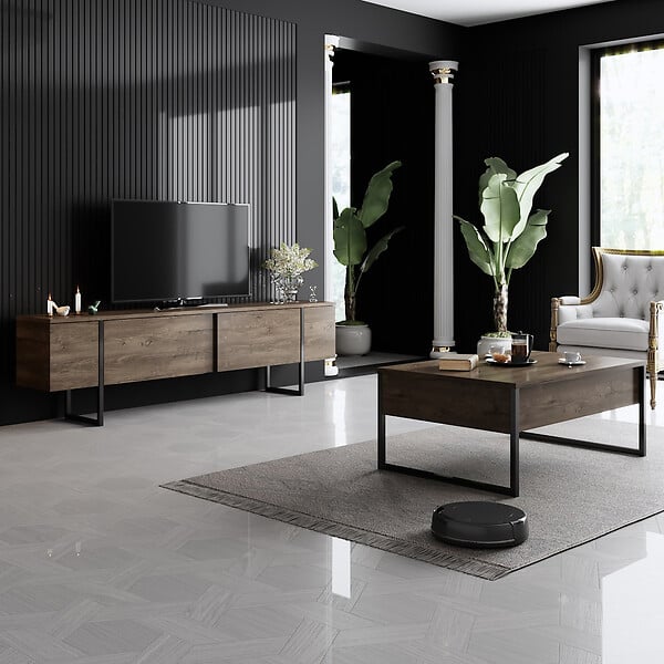 HABITAT ET JARDIN - Meuble TV en bois "Luxe" - 180 x 30 x 50 cm - NoyerNoir - large