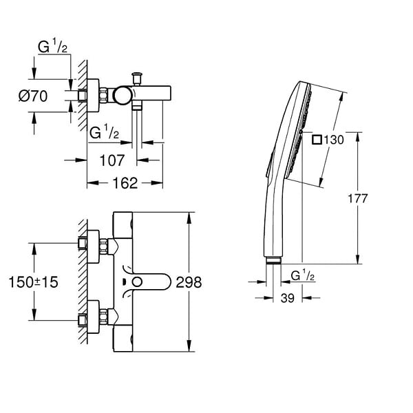 GROHE - Pack bain douche thermostatique Precision Get avec douchette stick 1 jet + Flexible 200 cm - large