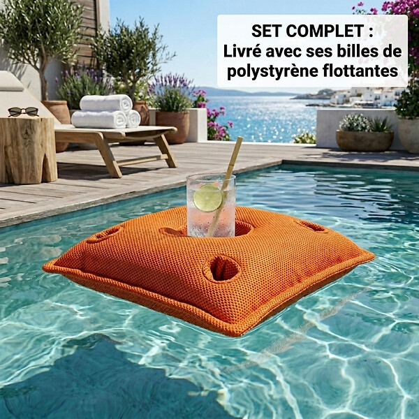 SOO  SANTAI - Coussin piscine flottant porte-verres 75x75 cm orange – billes incluses (à remplir) – intérieur / extérieur (PPF7575-6-SET) - large