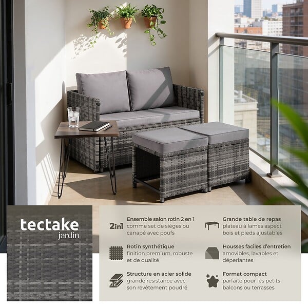 TECTAKE - Salon de jardin en rotin 2 en 1 gris ensemble modulable 4 personnes canapé table extérieur terrasse balcon coussins imperméables - large