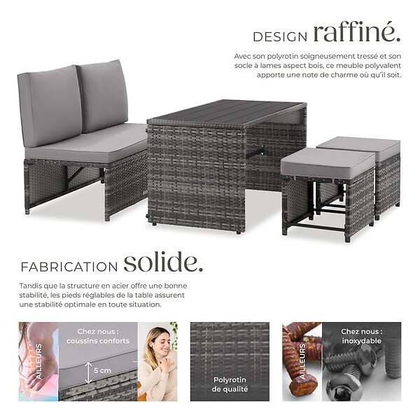 TECTAKE - Salon de jardin en rotin 2 en 1 gris ensemble modulable 4 personnes canapé table extérieur terrasse balcon coussins imperméables - large