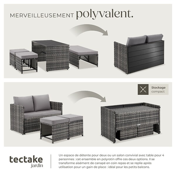 TECTAKE - Salon de jardin en rotin 2 en 1 gris ensemble modulable 4 personnes canapé table extérieur terrasse balcon coussins imperméables - large