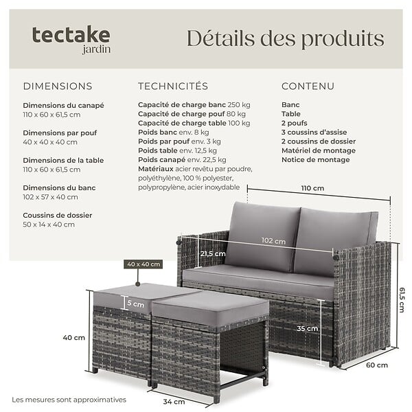 TECTAKE - Salon de jardin en rotin 2 en 1 gris ensemble modulable 4 personnes canapé table extérieur terrasse balcon coussins imperméables - large
