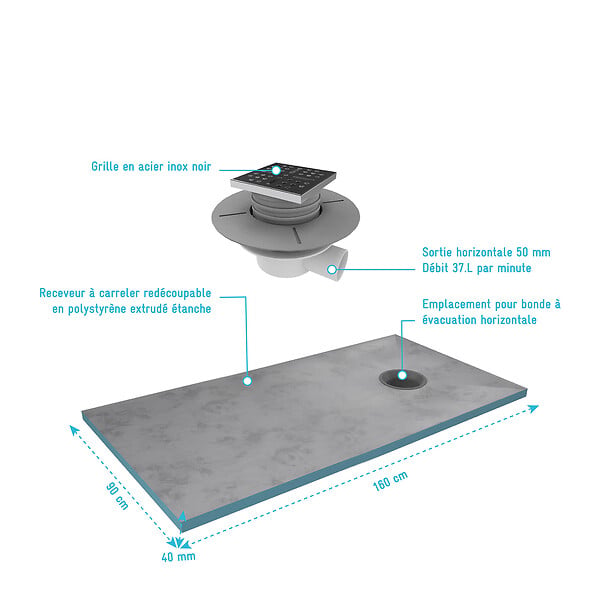 AURLANE - Receveur de Douche à Carreler 90x160 cm avec Bondes à Sortie Horizontale - Grille Noire - large