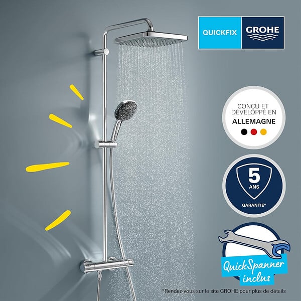 GROHE - Vitalio Comfort 250 Colonne de douche avec mitigeur thermostatique + Douche de tête + Douchette 2 jets, chrome (26696002X) - large