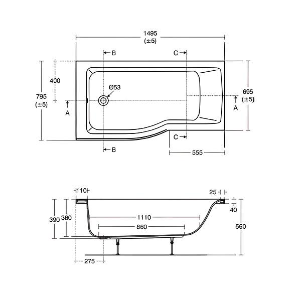 IDEAL STANDARD - Ideal Standard baignoire pour bain douche 150x80 asymétrique Connect Air gauche blanc - large