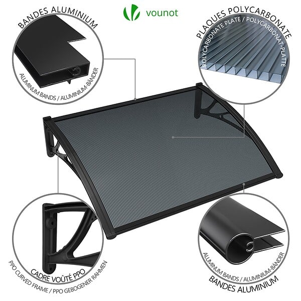 VOUNOT - Auvent de porte marquise 120x80 cm en Polycarbonate anti UV Anthracite - large