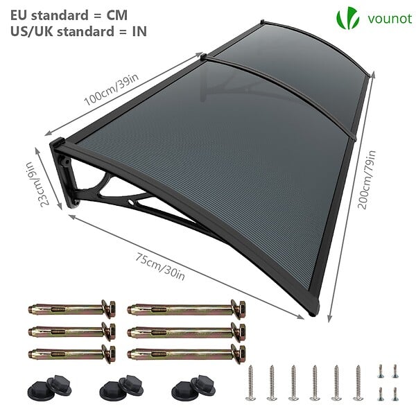 VOUNOT - Auvent de porte marquise 200x80 cm en Polycarbonate anti UV Anthracite - large