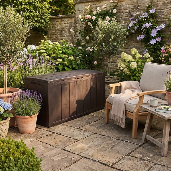 KETER - Keter Sherwood coffre de jardin 270 L en résine aspect bois marron 117 x 45 x 57,5 cm (230403) - large