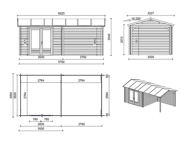 ALTANKA - Abri de jardin en bois - 17.4m2 - 5.79x3m - Ep. 28mm - Couleur: naturel - DOM640 - large