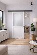 GD MENUISERIES - Porte Coulissante Athena blanc H204 x L73 cm, Rail Alu bandeau noir, Coquilles - vignette