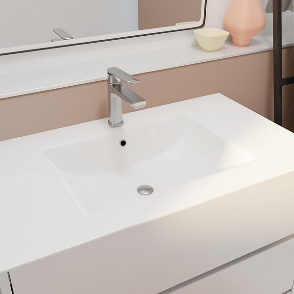 AURLANE - Pack Meuble Salle de Bains 80 cm Laqué Blanc, 3 tiroirs avec Vasque Céramique - XENOS - large
