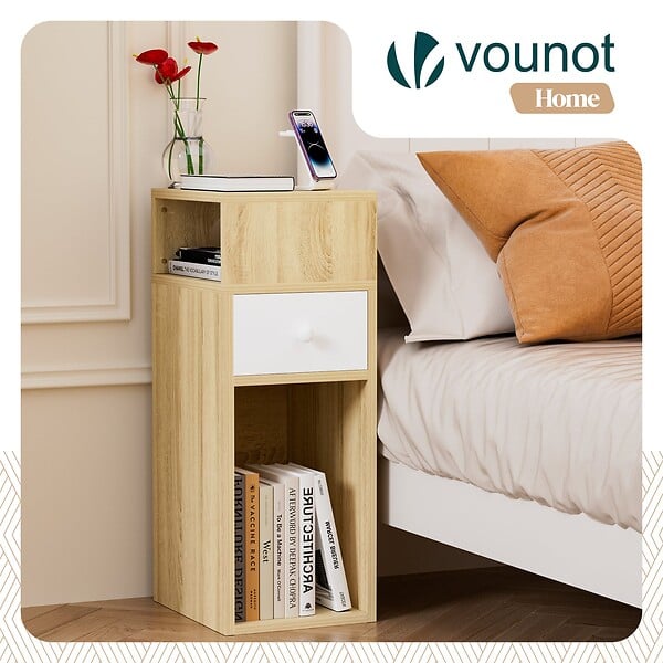 VOUNOT - Lot de 2 Table de chevet d’appoint avec tiroir et compartiment 25x30x66cm naturel - large
