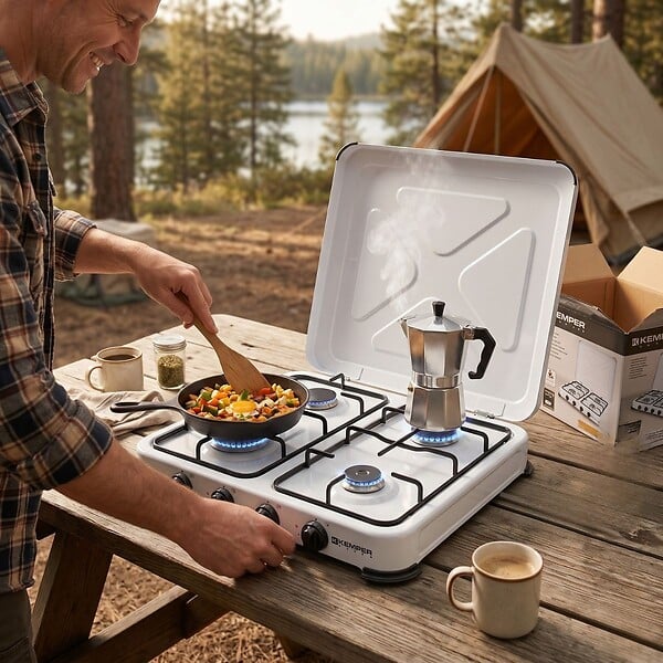 KEMPER - Plaque de cuisson gaz portable 4 feux - Réchaud gaz 4650W Blanc Couvercle et grilles amovibles Camping Cuisine Exterieure KEMPER - large