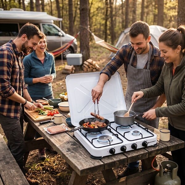 KEMPER - Plaque de cuisson gaz portable 4 feux - Réchaud gaz 4650W Blanc Couvercle et grilles amovibles Camping Cuisine Exterieure KEMPER - large