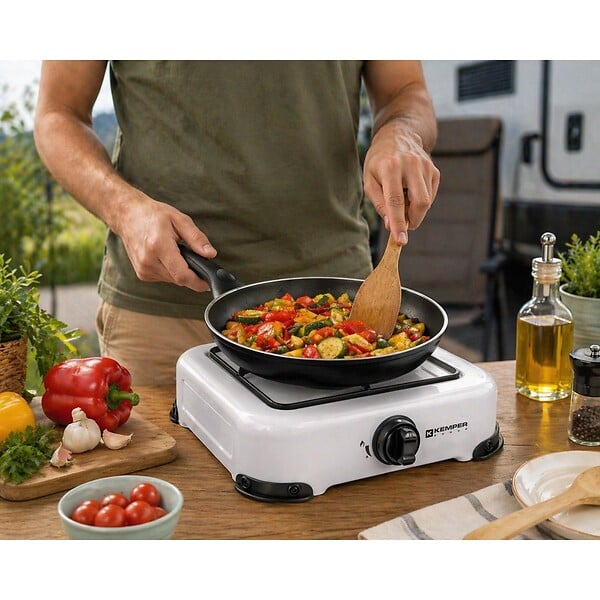 KEMPER - Réchaud gaz de camping 1 feu 1300W Blanc Grille amovible 4 Pieds KEMPER - large