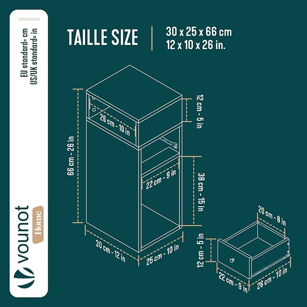 VOUNOT - Lot de 2 Table de chevet d’appoint avec tiroir et compartiment 25x30x66cm blanc - large