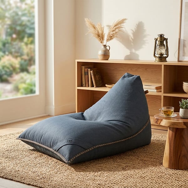 SOO  SANTAI - Fauteuil poire intérieur 140x120x90 cm déhoussable avec poignées et surpiqûres SANS billes Bleu jeans (LBIN140120-1) - large