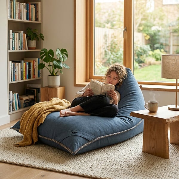 SOO  SANTAI - Fauteuil poire intérieur 140x120x90 cm déhoussable avec poignées et surpiqûres SANS billes Bleu jeans (LBIN140120-1) - large