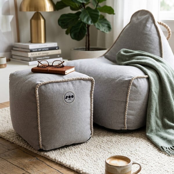 SOO  SANTAI - Fauteuil poire intérieur avec repose pieds 90x60x85/45x60x35 cm AVEC billes Gris (BINDR9080-2-SET), surpiqûres, Gris - large