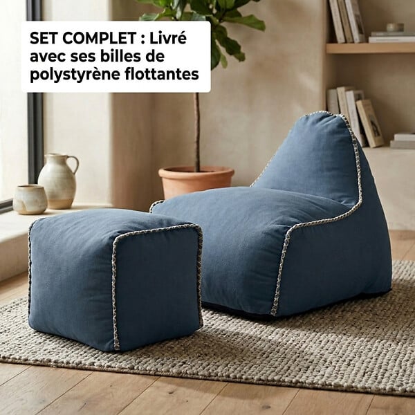 SOO  SANTAI - Fauteuil poire enfant avec repose pieds 75x60x65/45x60x35 cm AVEC billes Bleu jeans (MBINDR3260-1-SET) - large