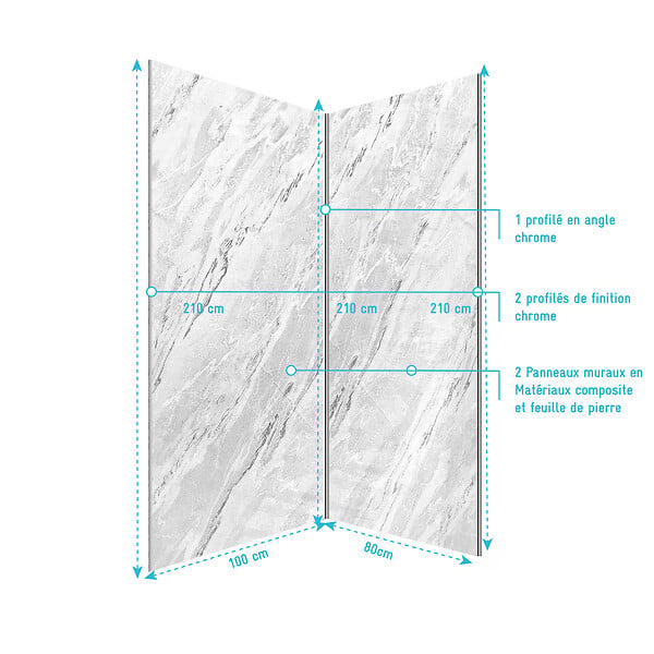 AURLANE - Pack 2 Panneaux Muraux Pierre Artic Storm 80+100x210 + Profilés Chrome - STONE'IT - large