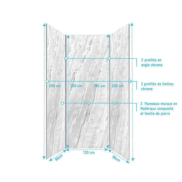 AURLANE - Pack 3 Panneaux Muraux Pierre Artic Storm 90+120+90 Hauteur 250 cm - Profilés Chrome - STONE'IT - large