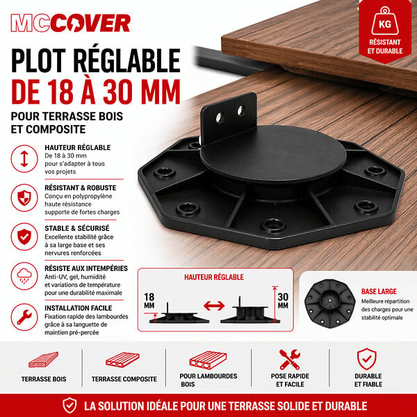 MCCOVER - Plot réglable 18 à 30 mm pour terrasse bois et composite - support lambourde extérieur, pose facile Noir - large