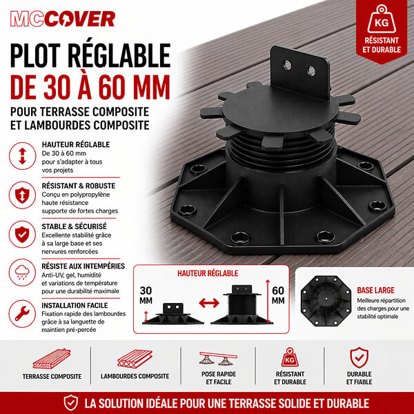 MCCOVER - Plot réglable 30 à 60 mm pour terrasse bois et composite - support lambourde Noir - large