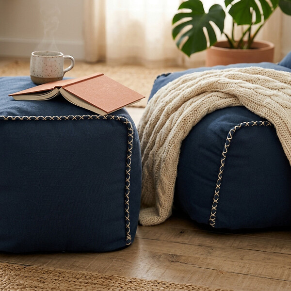 SOO  SANTAI - Fauteuil poire intérieur avec repose pieds 90x60x85/45x60x35 cm AVEC billes Bleu jeans (BINDR9080-1-SET) - large