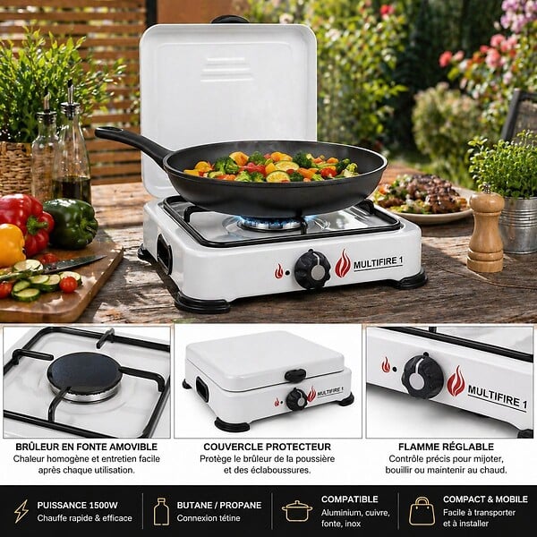 INTEC - Réchaud à gaz portable 1 feu 1500W Blanc Brûleur fonte amovible Gaz butane/propane Cuisson d'appoint Exterieure Camping GOLD - large