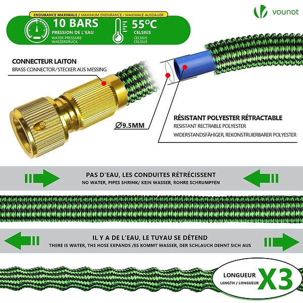 VOUNOT - Tuyau d’Arrosage Extensible 15m Renforce avec Accessoires vert - large