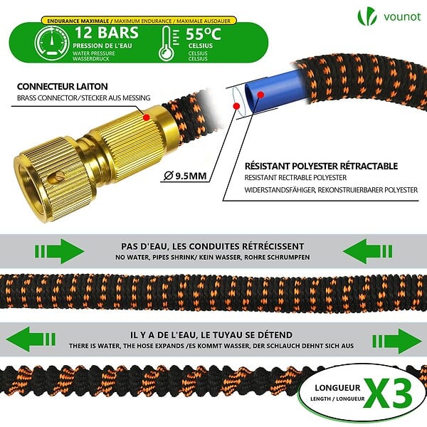 VOUNOT - Tuyau d’Arrosage Extensible 15m Renforce avec Accessoires orange - large