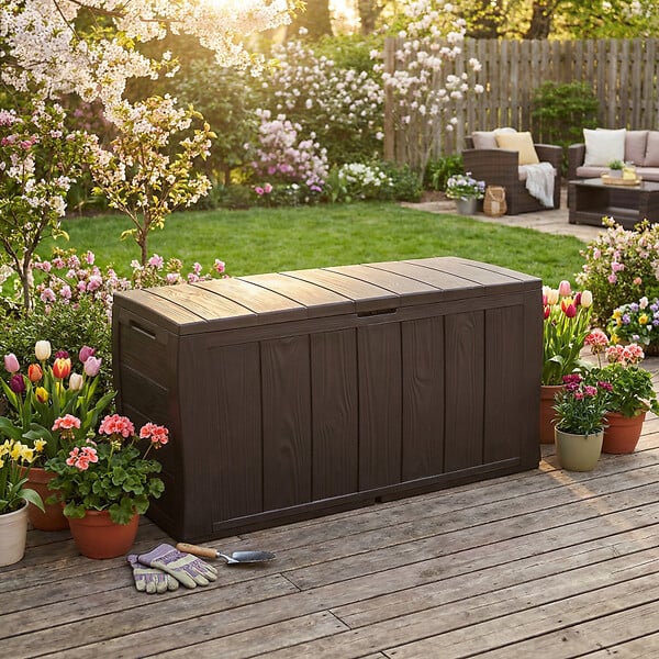KETER - Keter Sherwood coffre de jardin 270 L en résine aspect bois marron 117 x 45 x 57,5 cm (230403) - large