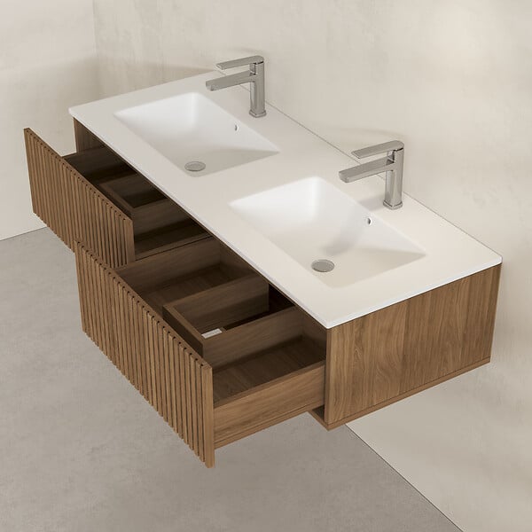 AURLANE - Meuble Salle de Bains YUKI 120 2 Tiroirs Décor Chêne et Noir - Vasque Blanche - Miroirs Ovales 50x80 - large