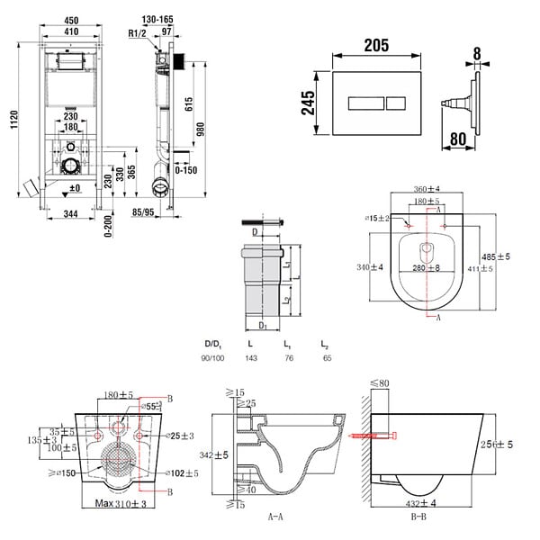 ROCA - Pack WC suspendu complet avec bâti-support Roca, cuvette compacte sans bride et abattant soft-close - large