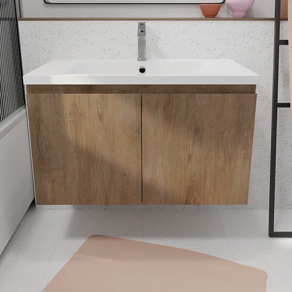 AURLANE - Meuble de salle de bains 80cm à Suspendre Décor Bois Clair - 2 Portes - Vasque Blanche - ELEMENTARY - large